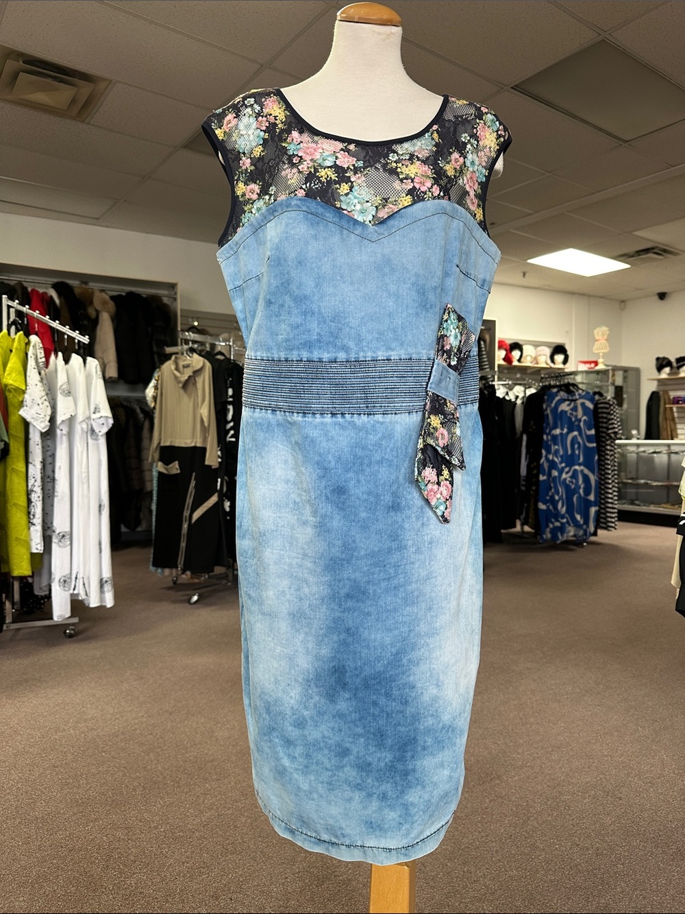 Floral Mesh Yoke Light Blue Denim Sheath Dress with Tie Accent